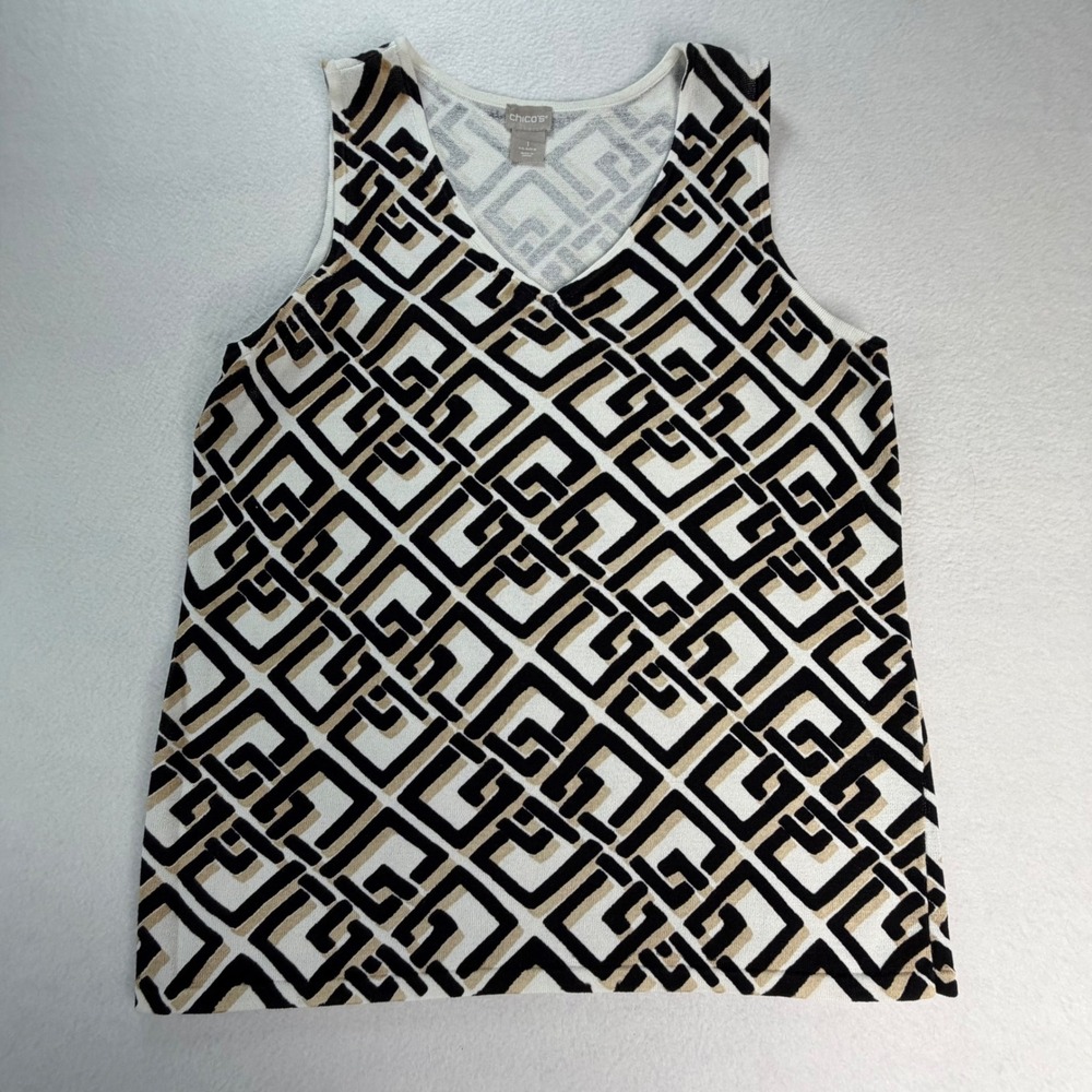 Chicos Geometric Greek Key V-Neck Sweater Tank Top White Black Tan Size 1 Medium